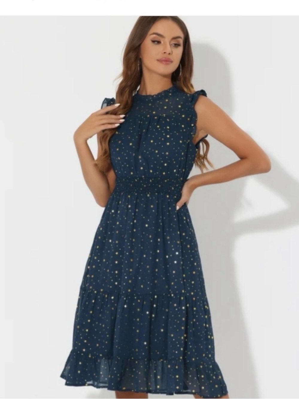 Allegra K Navy Midi Dress with Gold Star Print